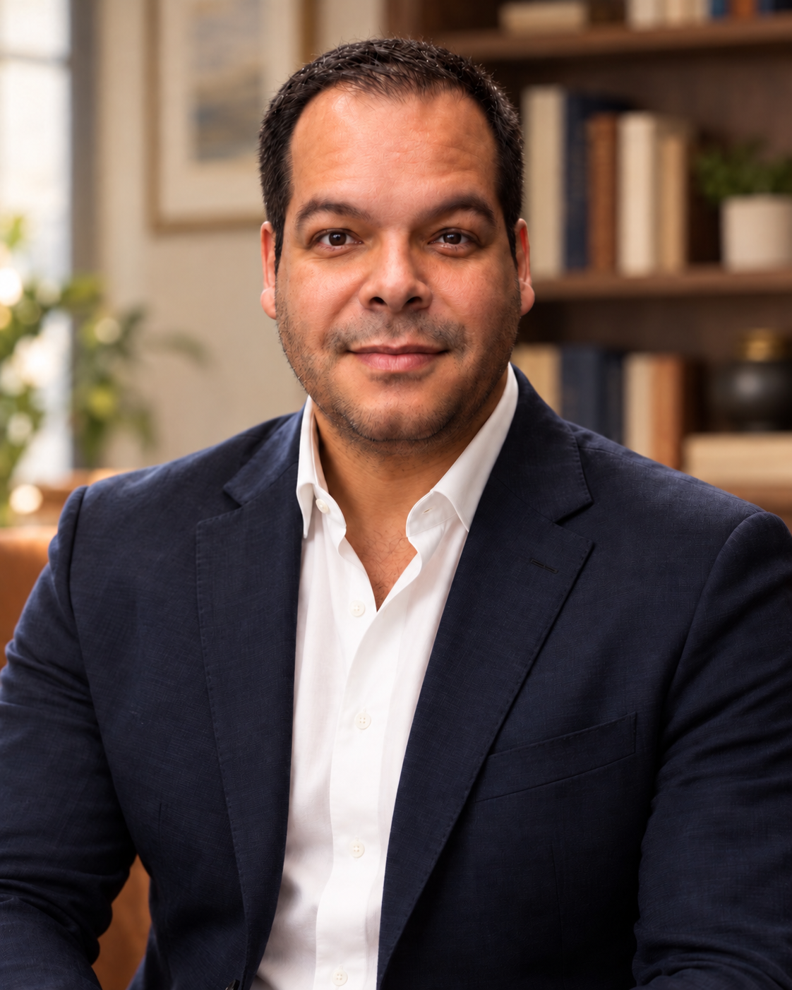 Aly M Fahmy, founder of Word & Wonders Publishing, smiling gently in a warmly lit library